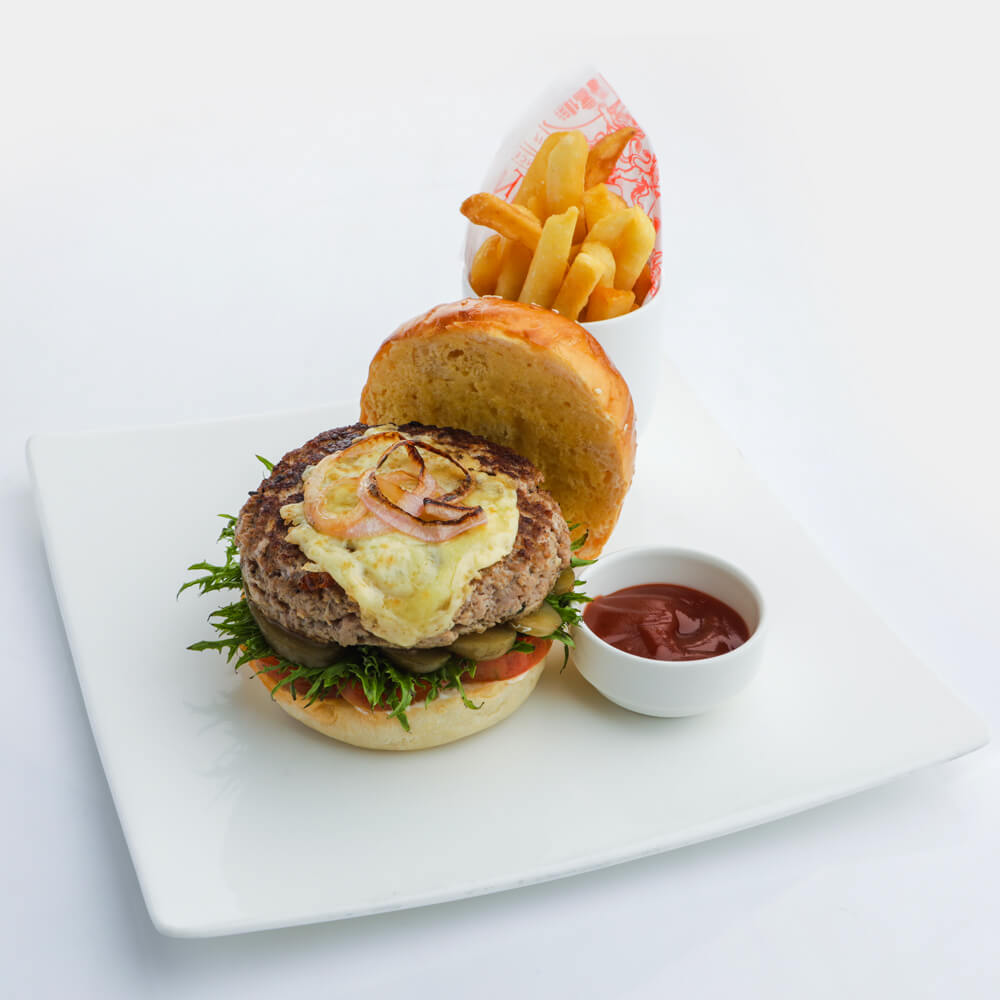 Beef Burger with Pickle Dill Relish and Fries The Kingsbury Hotel
